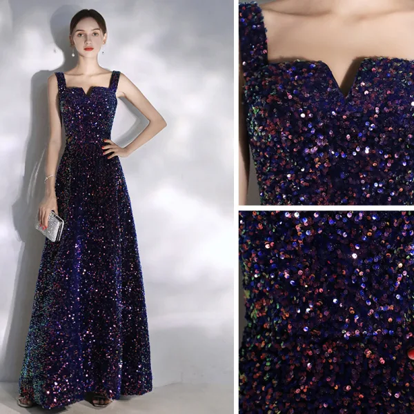 Sparkly Purple Starry Sky Evening Dresses  2020 A-Line / Princess Square Neckline Beading Sequins Sleeveless Backless Floor-Length / Long Formal Dresses