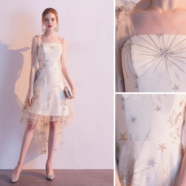 Modern / Fashion Champagne Homecoming Graduation Dresses 2020 A-Line / Princess Spaghetti Straps Lace Star Sleeveless Backless Asymmetrical Formal Dresses