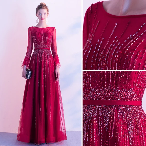 High-end Red Evening Dresses  2020 A-Line / Princess Scoop Neck Beading Crystal Sequins Sash Long Sleeve Floor-Length / Long Formal Dresses