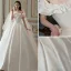 High-end Modest / Simple Ivory Satin Wedding Dresses 2021 Ball Gown Ruffle Off-The-Shoulder Short Sleeve Backless Royal Train Wedding