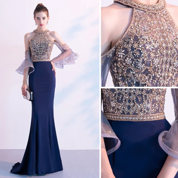 Haut de Gamme Bleu Marine Robe De Soirée 2020 Trompette / Sirène Encolure Dégagée Perlage Cristal Paillettes Manches Courtes Train De Balayage Robe De Ceremonie