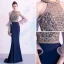 Haut de Gamme Bleu Marine Robe De Soirée 2020 Trompette / Sirène Encolure Dégagée Perlage Cristal Paillettes Manches Courtes Train De Balayage Robe De Ceremonie