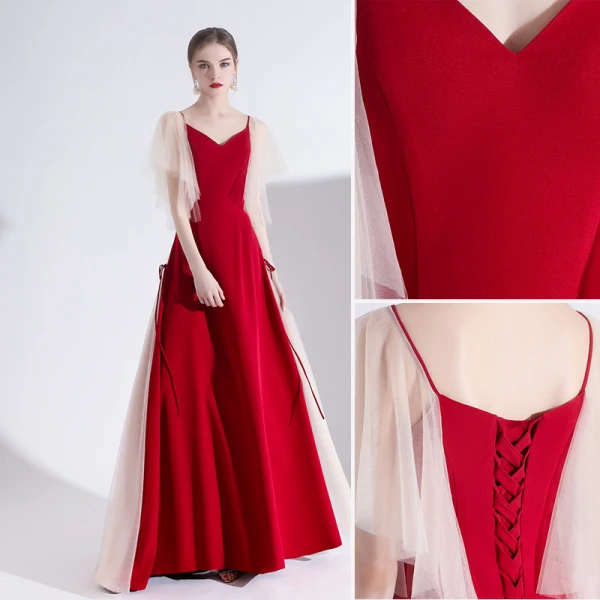 Elegant Burgundy Evening Dresses  2020 A-Line / Princess Satin V-Neck Short Sleeve Backless Floor-Length / Long Formal Dresses