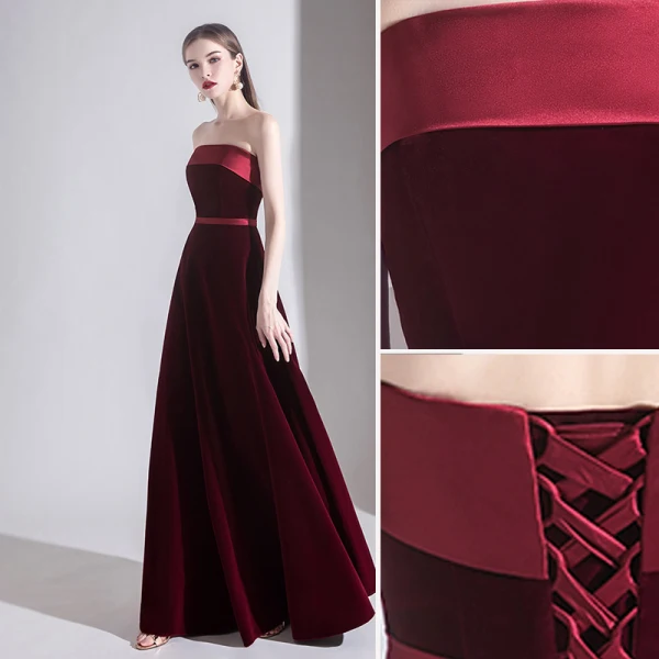 Elegant Burgundy Evening Dresses  2020 A-Line / Princess Suede Strapless Sleeveless Backless Floor-Length / Long Formal Dresses
