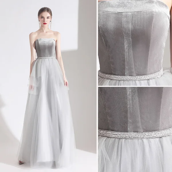 Elegant Grey Evening Dresses  2020 A-Line / Princess Suede Strapless Beading Sleeveless Backless Floor-Length / Long Formal Dresses