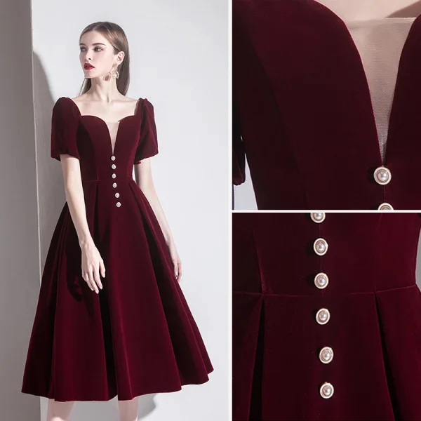 Elegant Burgundy Evening Dresses  2020 A-Line / Princess Suede Square Neckline Short Sleeve Backless Tea-length Formal Dresses