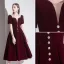 Elegant Burgundy Evening Dresses  2020 A-Line / Princess Suede Square Neckline Short Sleeve Backless Tea-length Formal Dresses