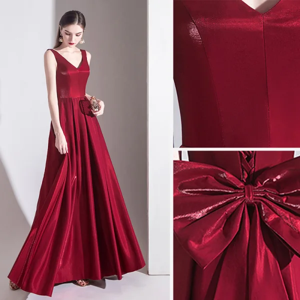 Elegant Burgundy Evening Dresses  2020 A-Line / Princess Satin V-Neck Sleeveless Backless Bow Floor-Length / Long Formal Dresses