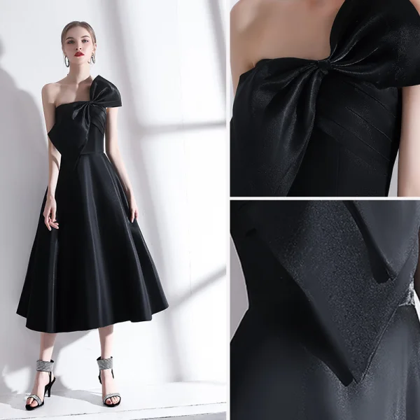 Modern / Fashion Black Homecoming Graduation Dresses 2020 A-Line / Princess Strapless Bow Sleeveless Backless Tea-length Formal Dresses