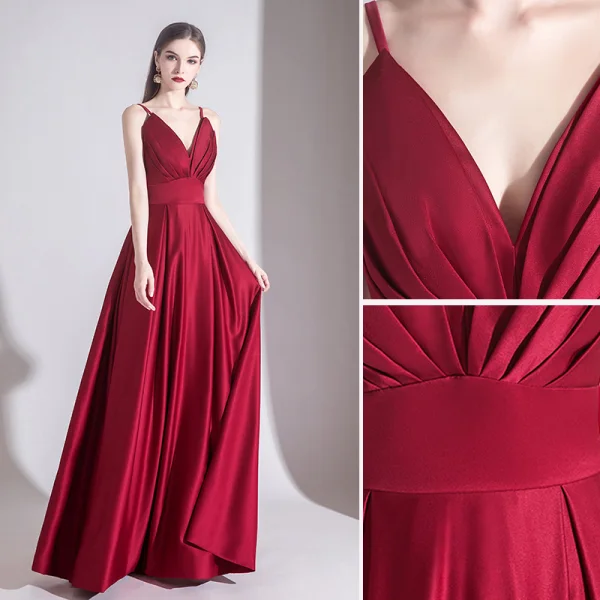 Élégant Couleur Unie Bordeaux Robe De Soirée 2020 Princesse Bretelles Spaghetti Sans Manches Dos Nu Longue Robe De Ceremonie