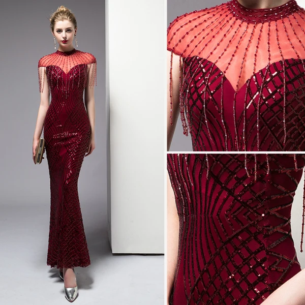 Chic Bordeaux Robe De Soirée 2020 Trompette / Sirène Perlage Gland Paillettes Col Haut Manches Courtes Longue Robe De Ceremonie