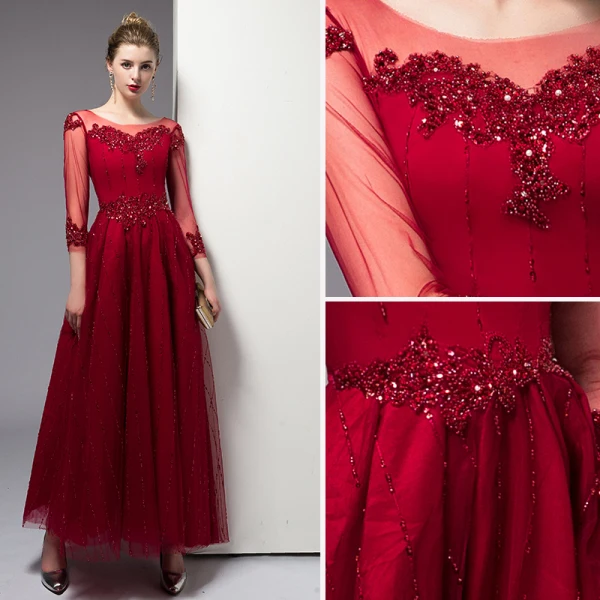 Classy Burgundy Evening Dresses 2020 A-Line / Princess Scoop Neck Beading Crystal Sequins 3/4 Sleeve Ankle Length Formal Dresses