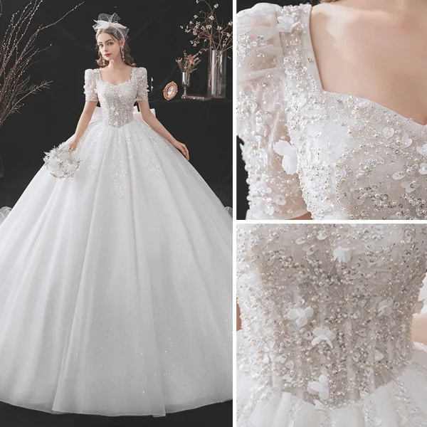 Chic / Belle Blanche Robe De Mariée 2021 Robe Boule Encolure Carrée Perlage Noeud Perle Appliques Paillettes Manches Courtes Dos Nu Cathedral Train Mariage