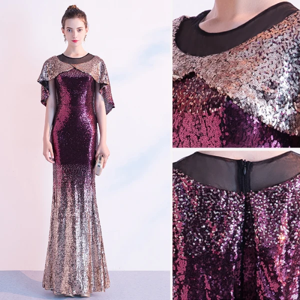 Scintillantes Dégradé De Couleur Robe De Soirée Avec Châle 2020 Trompette / Sirène Paillettes Encolure Dégagée Manches Courtes Longue Robe De Ceremonie