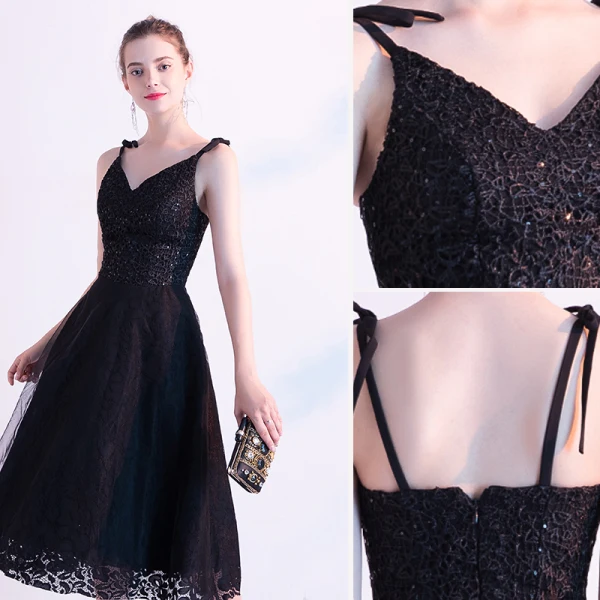 Chic / Belle Noire de retour Robe De Graduation 2020 Princesse Bretelles Spaghetti Paillettes En Dentelle Fleur Sans Manches Dos Nu Mi-Longues Robe De Ceremonie