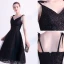 Chic / Belle Noire de retour Robe De Graduation 2020 Princesse Bretelles Spaghetti Paillettes En Dentelle Fleur Sans Manches Dos Nu Mi-Longues Robe De Ceremonie