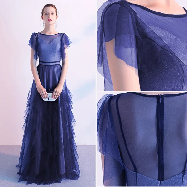 Elegant Ocean Blue Evening Dresses 2020 A-Line / Princess Scoop Neck Short Sleeve Floor-Length / Long Formal Dresses