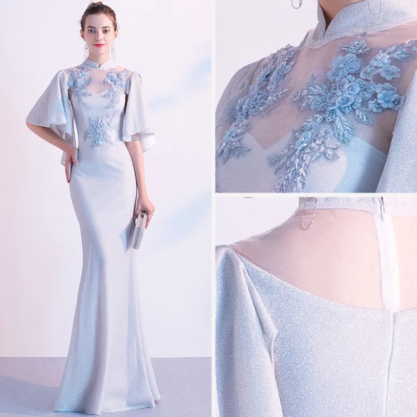 Elegant Silver Evening Dresses 2020 Trumpet / Mermaid High Neck Lace Flower Pearl Appliques 1/2 Sleeves Floor-Length / Long Formal Dresses