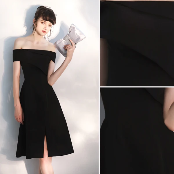 Modern / Fashion Black Party Dresses 2020 A-Line / Princess Off-The-Shoulder Short Sleeve Backless Knee-Length Formal Dresses