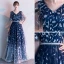 Fashion Navy Blue Evening Dresses  2020 A-Line / Princess V-Neck Feather Printing Short Sleeve Backless Floor-Length / Long Formal Dresses