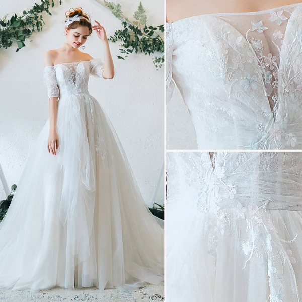 Charming Ivory Wedding Dresses 2020 A-Line / Princess Off-The-Shoulder Lace Flower Appliques Short Sleeve Backless Court Train