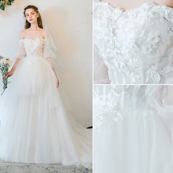 Charmant Ivoire Robe De Mariée 2020 Princesse De l'épaule Appliques En Dentelle Fleur Perle Manches Courtes Dos Nu Train De Balayage
