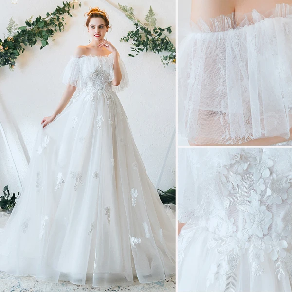 Charming Ivory Wedding Dresses 2020 A-Line / Princess Off-The-Shoulder Lace Flower Appliques Short Sleeve Backless Chapel Train
