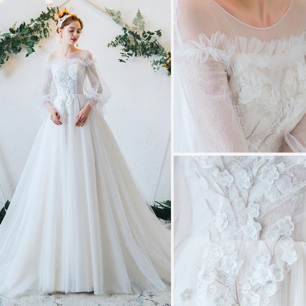Chic Ivoire Robe De Mariée 2020 Princesse Encolure Dégagée Perle En Dentelle Fleur Manches Longues Tribunal Train