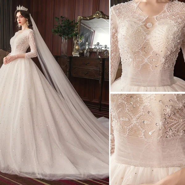 Chic Ivoire Robe De Mariée 2020 Princesse En Dentelle Perlage Étoile Paillettes Perle V-Cou Dos Nu 3/4 Manches Cathedral Train