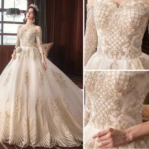 Charming Champagne Wedding Dresses 2020 A-Line / Princess Off-The-Shoulder Beading Sequins Lace Pearl 3/4 Sleeve Backless Cathedral Train