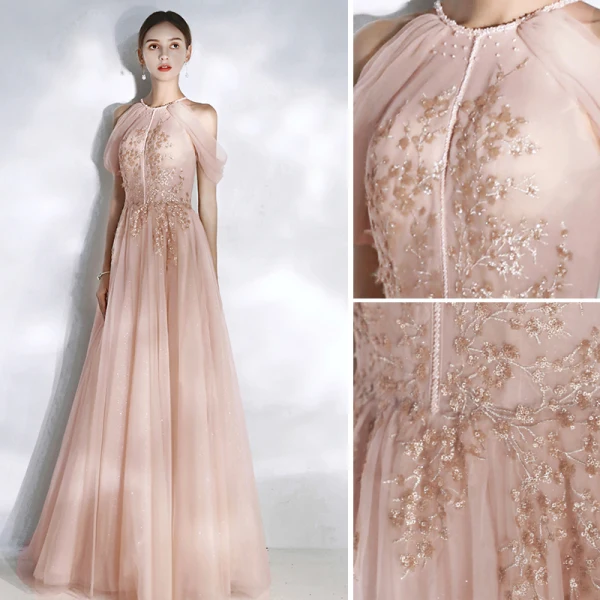 Chic / Beautiful Pearl Pink Evening Dresses 2020 A-Line / Princess Scoop Neck Beading Pearl Lace Flower Sequins Sleeveless Backless Floor-Length / Long Formal Dresses