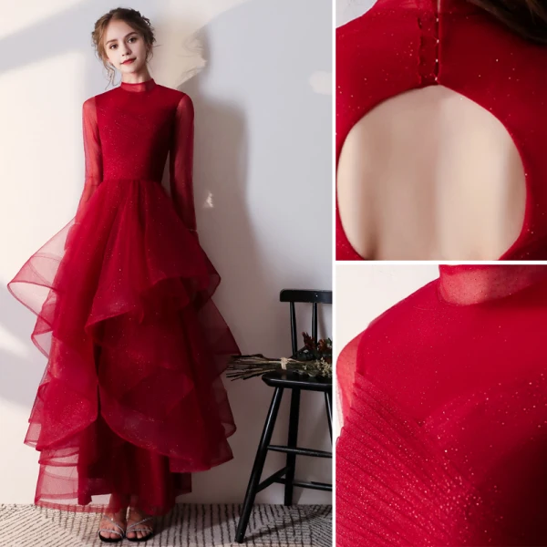 Vintage / Retro Muslim Burgundy Evening Dresses 2020 A-Line / Princess High Neck Sequins Long Sleeve Backless Cascading Ruffles Floor-Length / Long Formal Dresses