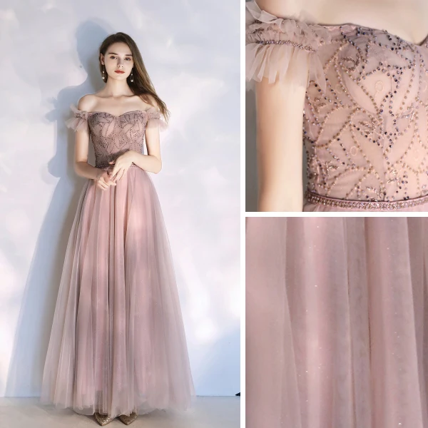 Classy Blushing Pink Evening Dresses  2020 A-Line / Princess Off-The-Shoulder Beading Crystal Pearl Sleeveless Backless Floor-Length / Long Formal Dresses