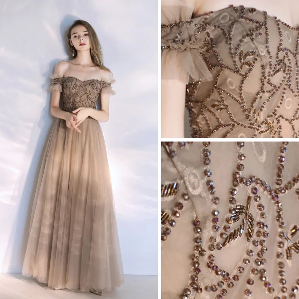 Classy Champagne Evening Dresses 2020 A-Line / Princess Off-The-Shoulder Beading Crystal Sleeveless Backless Floor-Length / Long Formal Dresses