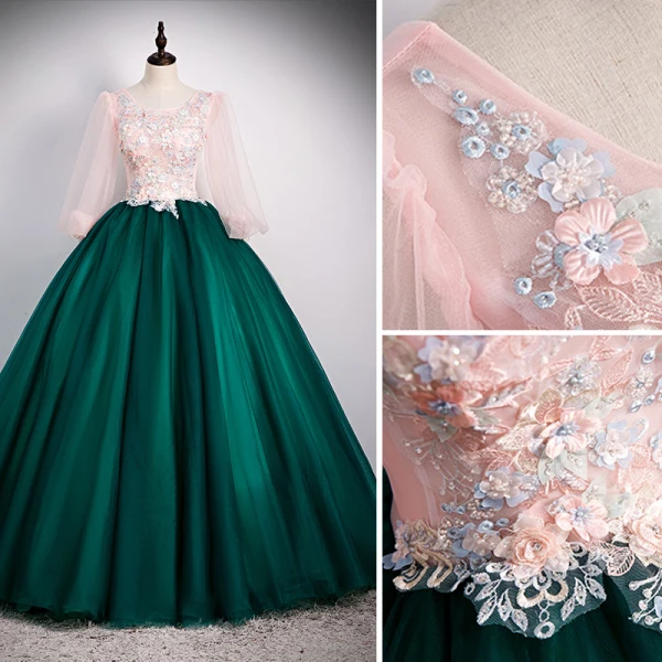 Elegant Dark Green Prom Dresses 2020 Ball Gown Scoop Neck Beading Rhinestone Appliques Lace Flower 3/4 Sleeve Backless Floor-Length / Long Formal Dresses