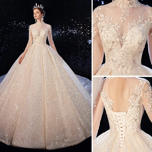 Luxury / Gorgeous Champagne Wedding Dresses 2020 Ball Gown High Neck Sequins Lace Flower Appliques 3/4 Sleeve Backless Royal Train