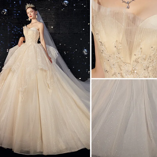 Luxury / Gorgeous Champagne Wedding Dresses 2020 Ball Gown Strapless Beading Lace Flower Sequins Sleeveless Backless Cascading Ruffles Royal Train