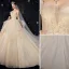 Luxury / Gorgeous Champagne Wedding Dresses 2020 Ball Gown Strapless Beading Lace Flower Sequins Sleeveless Backless Cascading Ruffles Royal Train
