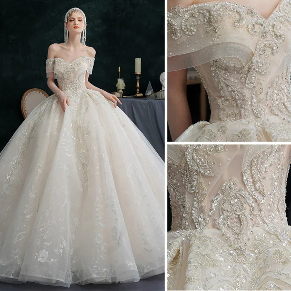 Illusion Champagne Wedding Dresses 2021 Ball Gown Off-The-Shoulder Beading Pearl Rhinestone Sequins Short Sleeve Backless Royal Train Wedding