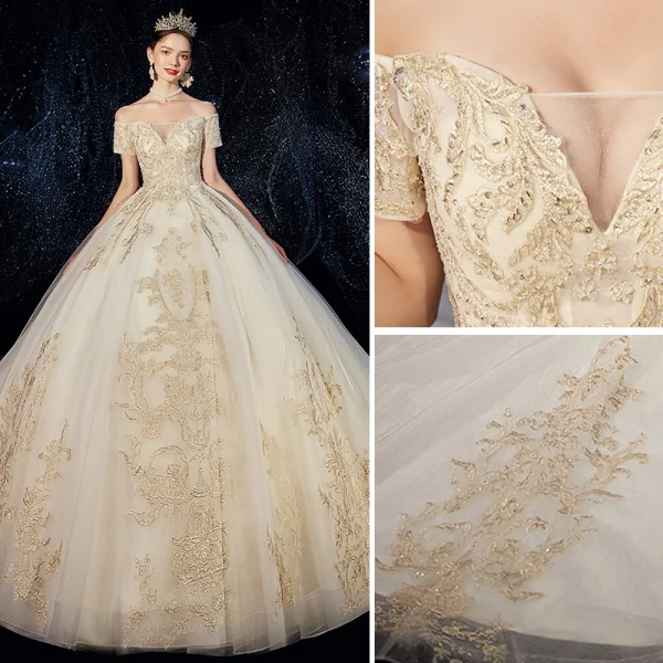Luxury / Gorgeous Champagne Wedding Dresses 2020 Ball Gown Off-The-Shoulder Beading Sequins Lace Flower Short Sleeve Backless Royal Train