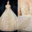 Luxury / Gorgeous Champagne Wedding Dresses 2020 Ball Gown Off-The-Shoulder Beading Sequins Lace Flower Short Sleeve Backless Royal Train