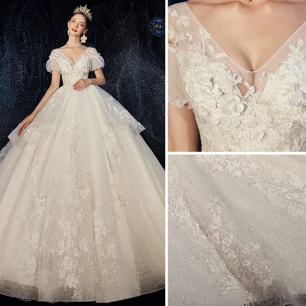 High-end Ivory Wedding Dresses 2020 Ball Gown V-Neck Beading Pearl Sequins Lace Flower Appliques Short Sleeve Backless Royal Train
