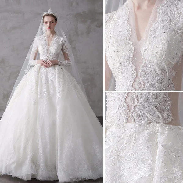 High-end Ivory Wedding Dresses 2020 A-Line / Princess V-Neck Beading Pearl Rhinestone Sequins Lace Flower 3/4 Sleeve Royal Train
