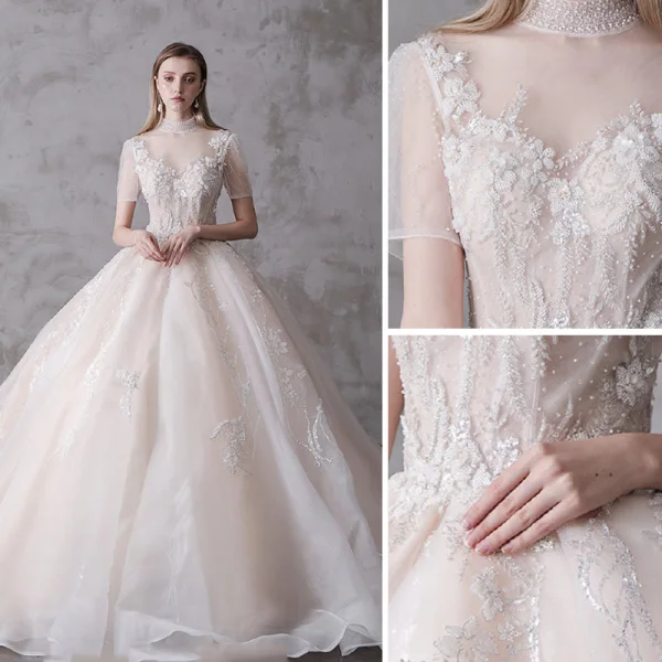 High-end Champagne Wedding Dresses 2020 Ball Gown High Neck Beading Sequins Lace Flower Short Sleeve Backless Royal Train