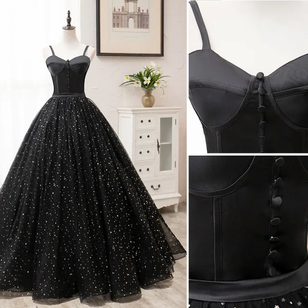 Elegant Black Prom Dresses 2020 A-Line / Princess Spaghetti Straps Star Sequins Sleeveless Backless Floor-Length / Long Formal Dresses