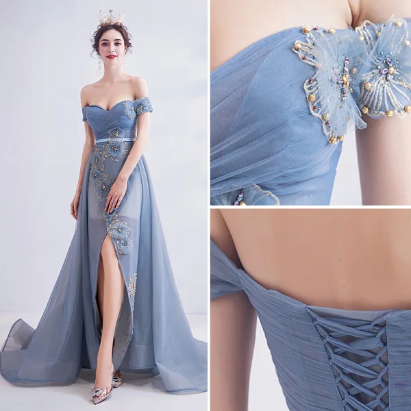 Fashion Sky Blue Evening Dresses 2020 A-Line / Princess Off-The-Shoulder Beading Crystal Glitter Appliques Sleeveless Backless Sweep Train Formal Dresses