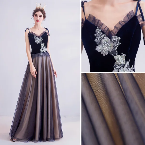 Classy Dark Green Prom Dresses 2020 A-Line / Princess Spaghetti Straps Pearl Rhinestone Lace Flower Sleeveless Backless Floor-Length / Long Formal Dresses