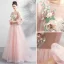 Flower Fairy Blushing Pink Prom Dresses 2020 A-Line / Princess Scoop Neck Lace Flower Appliques 3/4 Sleeve Backless Court Train Formal Dresses