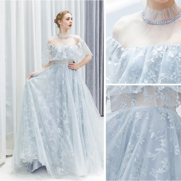 Mode Argenté Robe De Soirée 2020 Princesse Encolure Dégagée Paillettes En Dentelle Fleur 1/2 Manches Dos Nu Longue Robe De Ceremonie