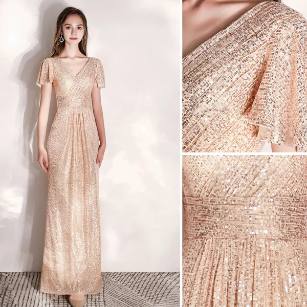 Sparkly Champagne Evening Dresses 2019 A-Line / Princess V-Neck Sequins Short Sleeve Floor-Length / Long Formal Dresses